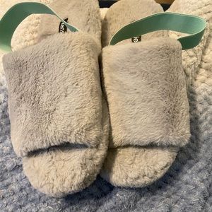Grey Fuzzy Slip on Slides